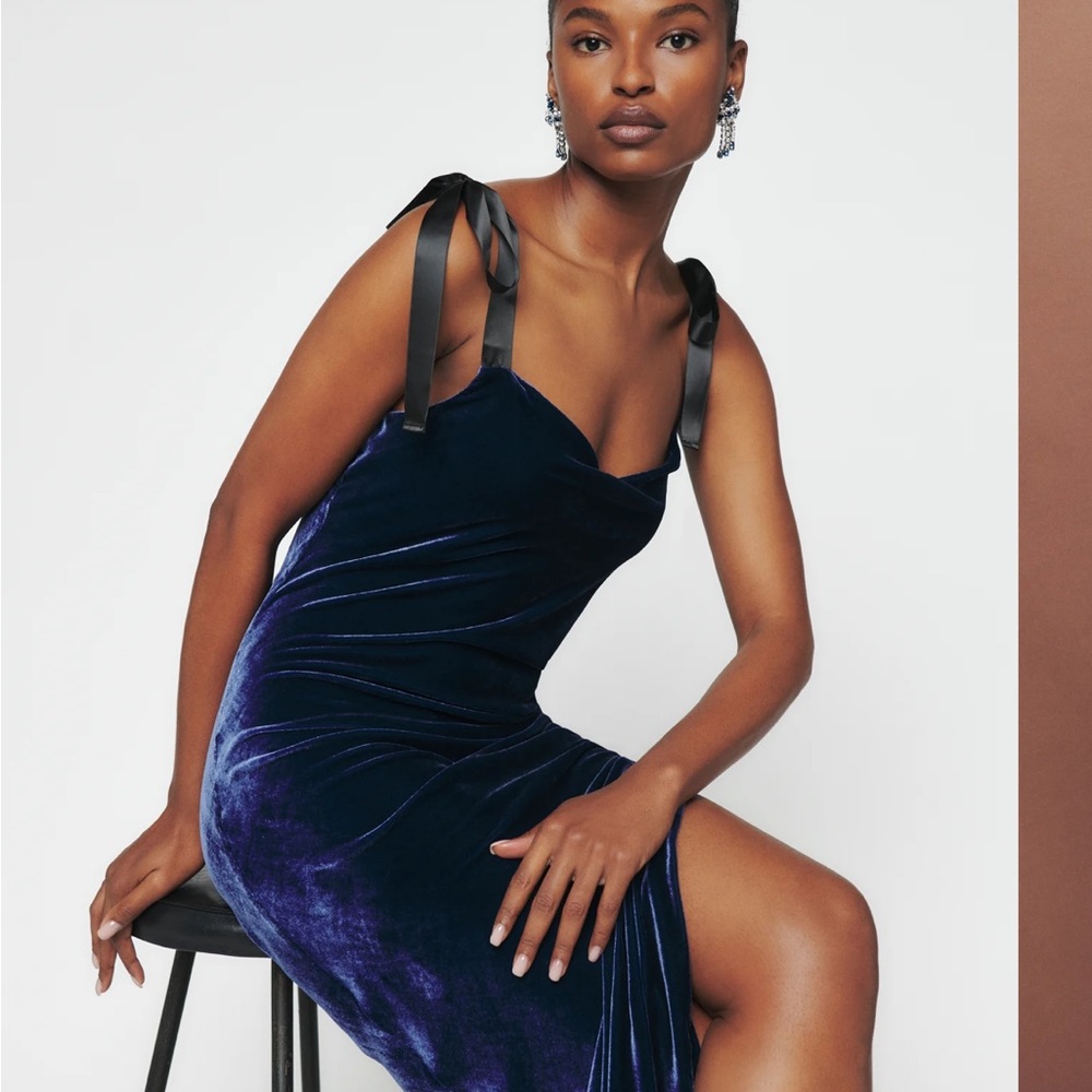Reformation Petite Nya Velvet Dress in Danube